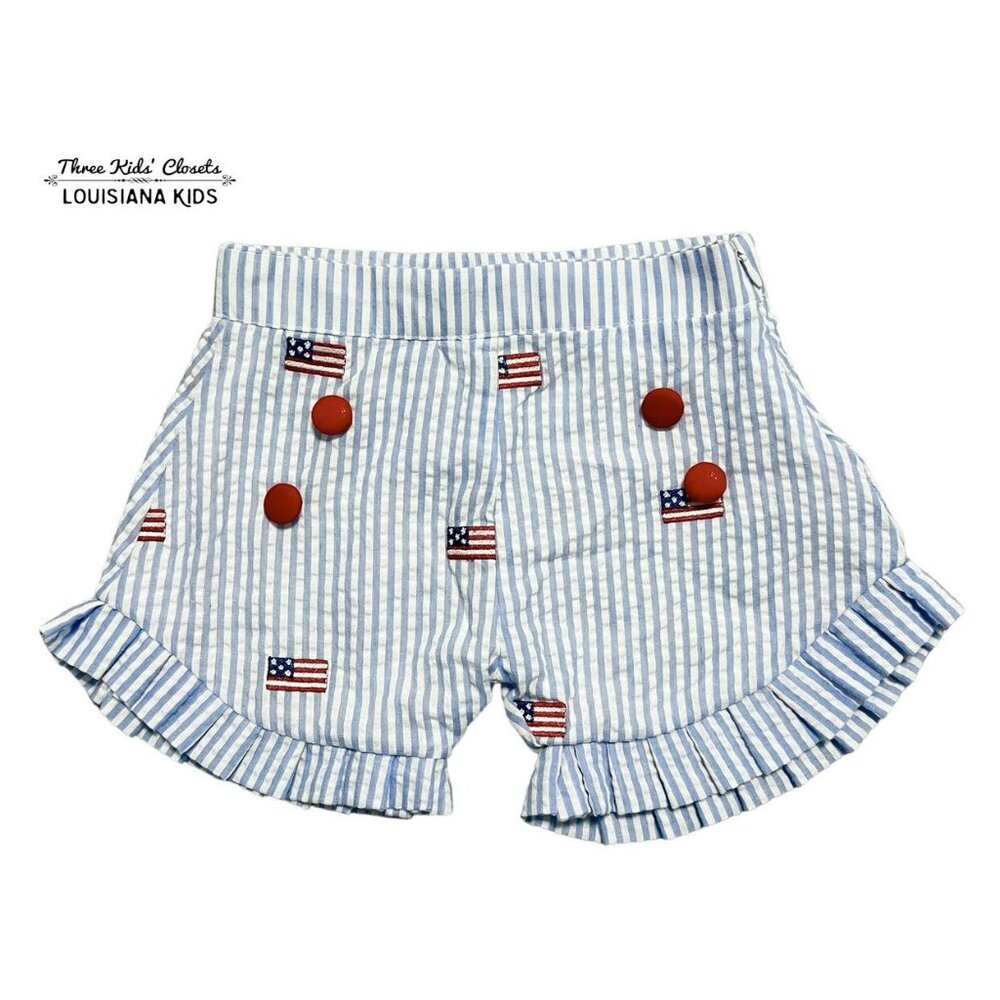 Blue Seersucker 2Y Embroidered American Flag Shorts